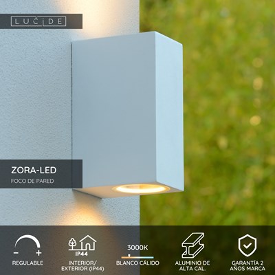Lucide ZORA-LED - Foco de pared / Lámpara de pared Dentro/Fuera - LED Regul. - GU10 - 2x5W 3000K - IP44 - Blanco